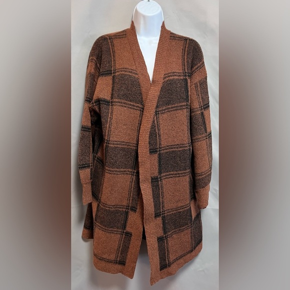 Time And Tru‎ Plaid Sweater Cardigan Brown Womens Sz Large  Open Front - Picture 1 of 10